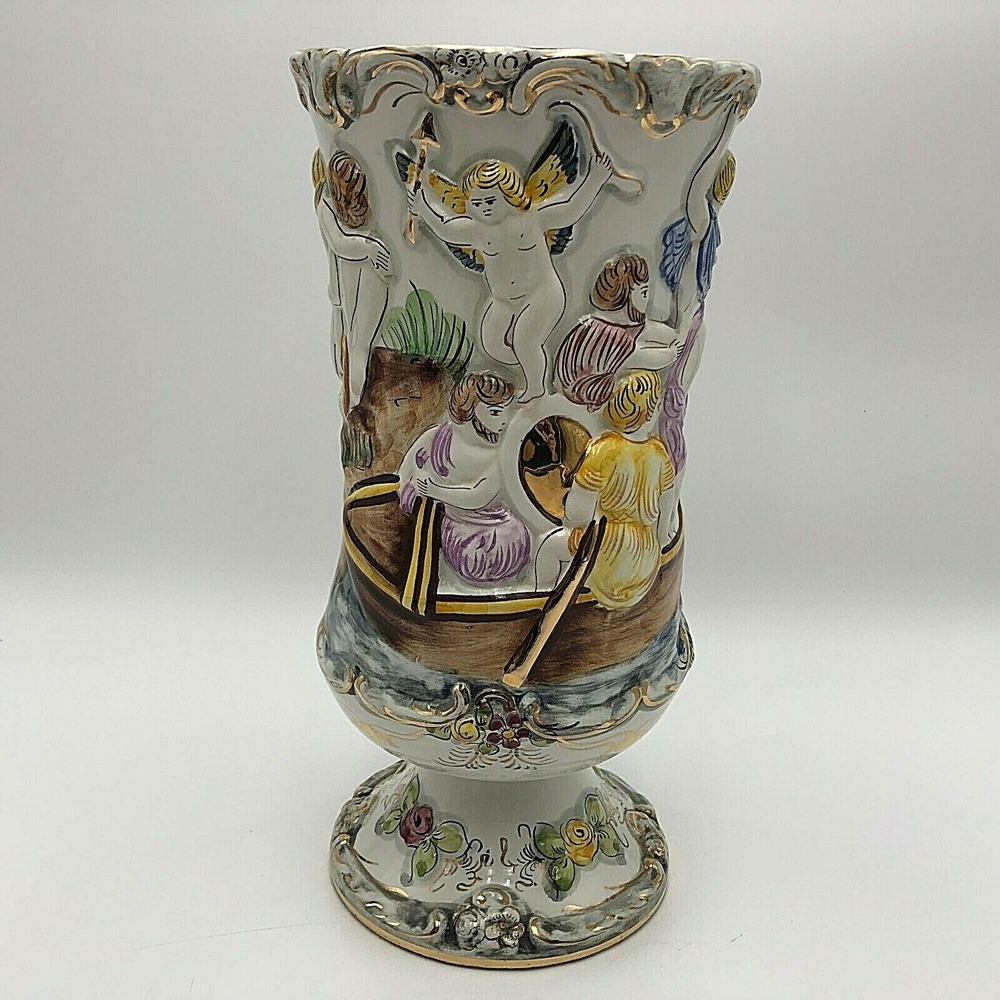 Vintage ELPA Alcobaca 12 1/4" H Ceramic Vase Cherubs Angel Boats 2593 Portugal